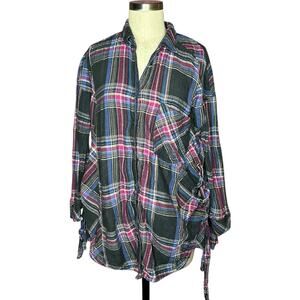 FREE PEOPLE Nordic Day Button Front Oversized Lace Up Sides Plaid Blouse Size M